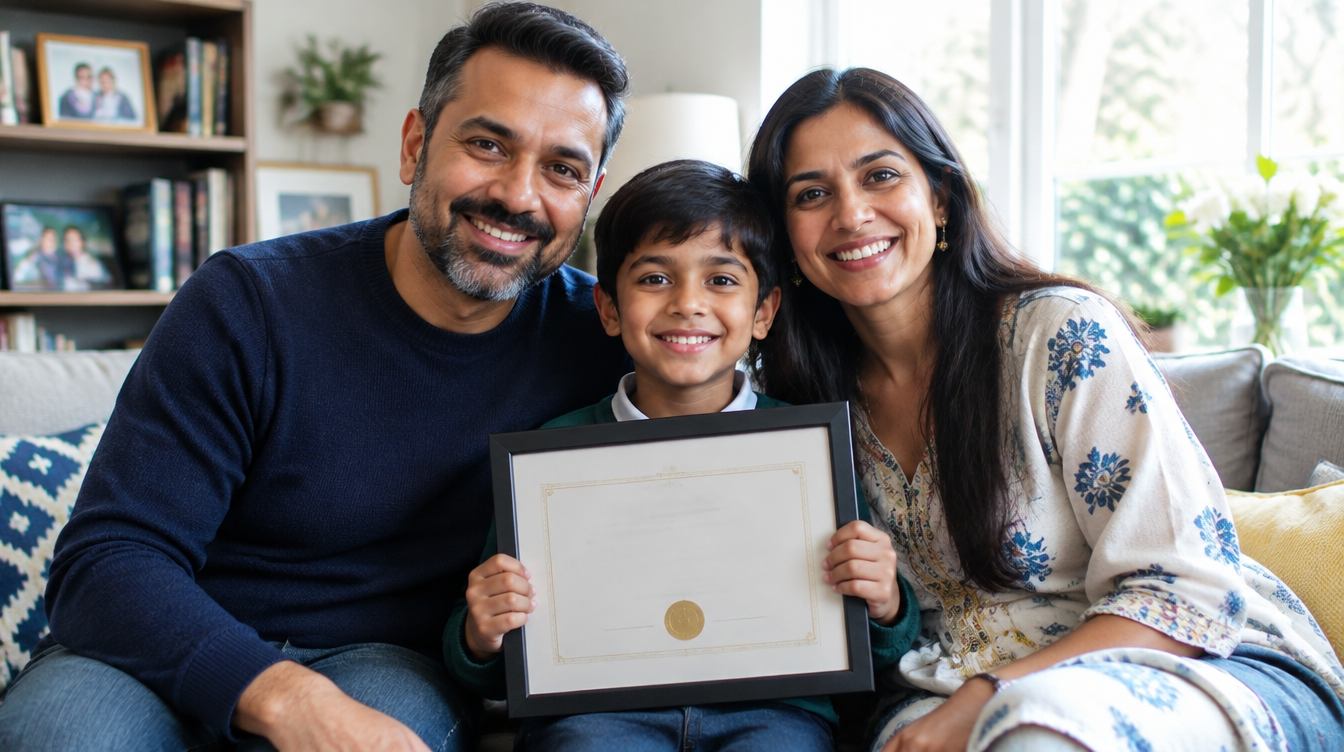 Smiling family at home with their son holding a framed certificate
