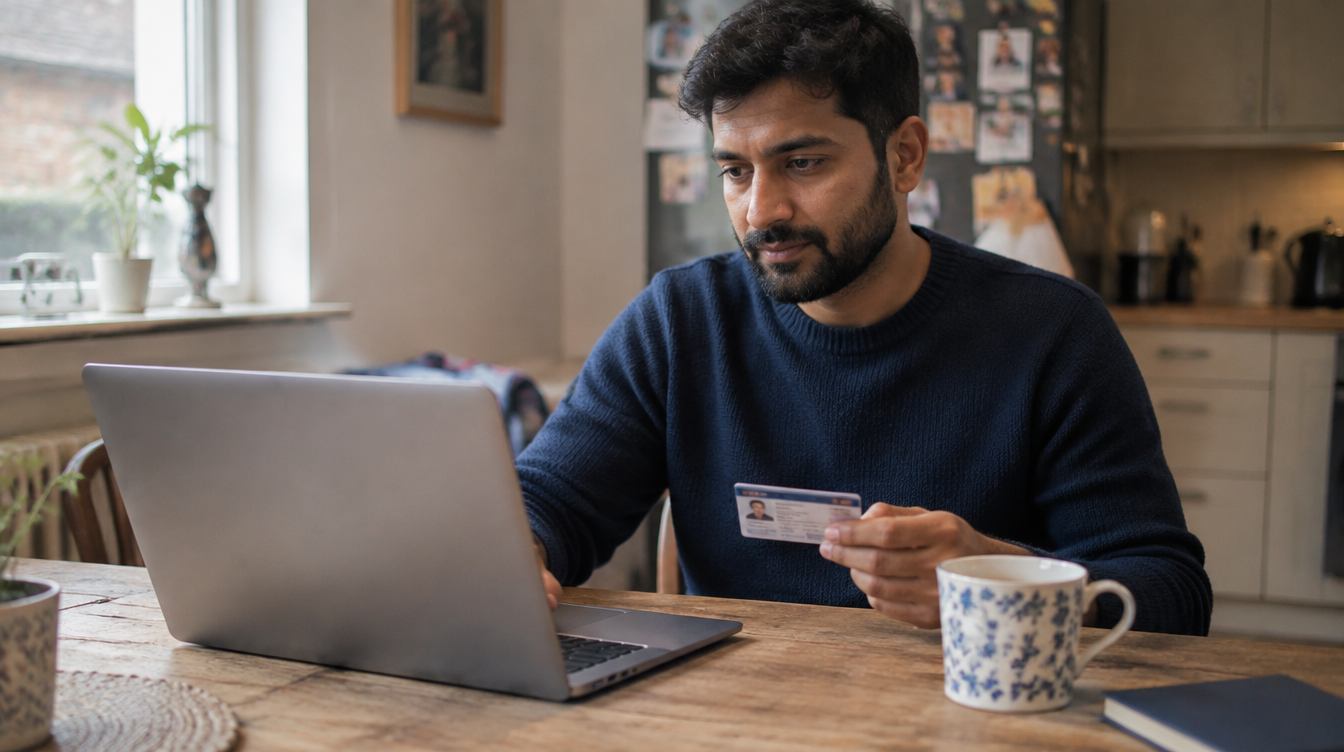 Man completing an online application at home with his ID card
