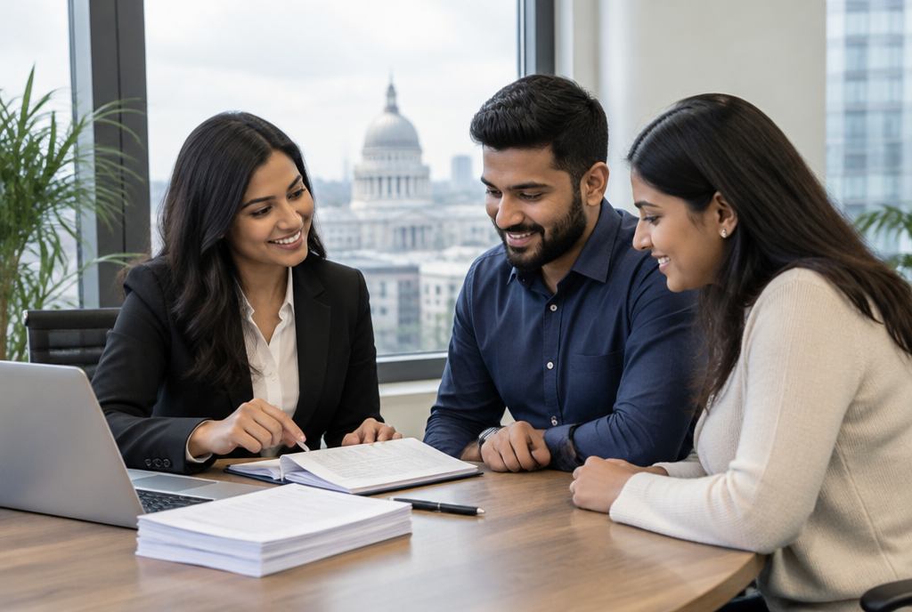 Consultant reviewing application documents with a couple