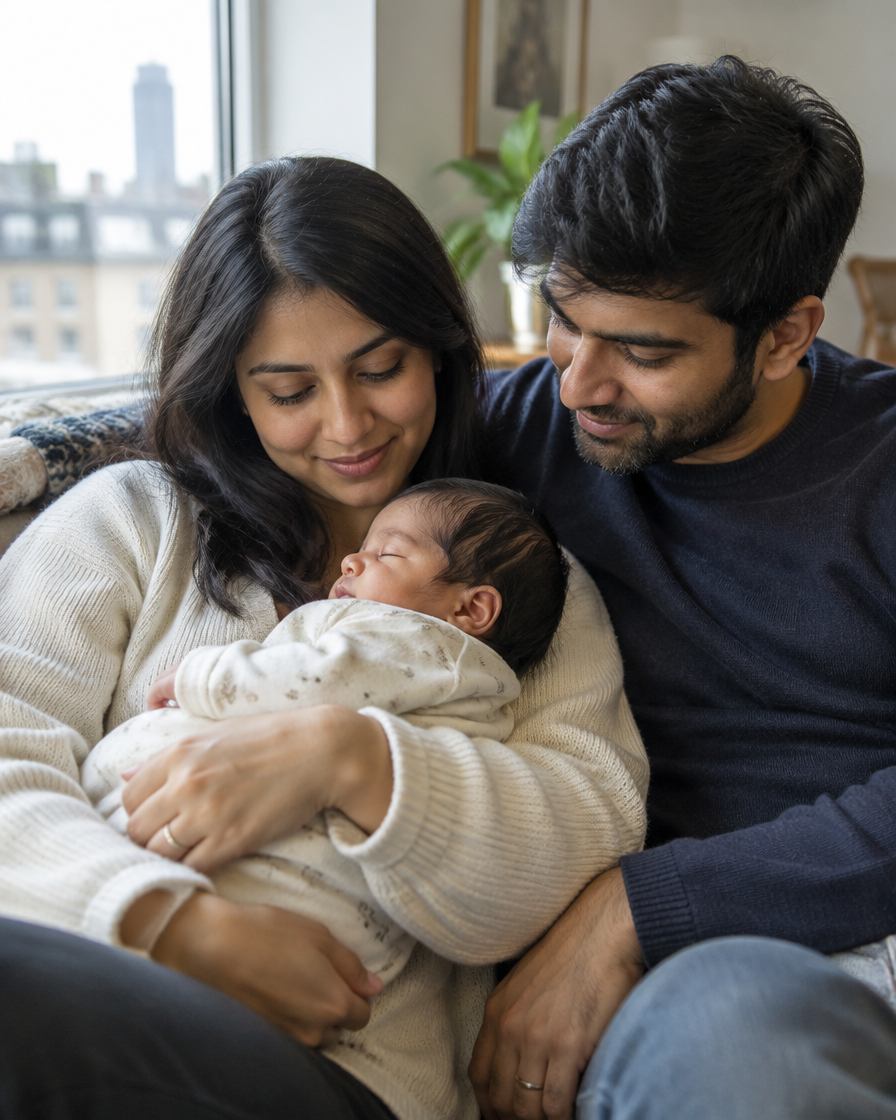 Young parents at home holding their newborn baby